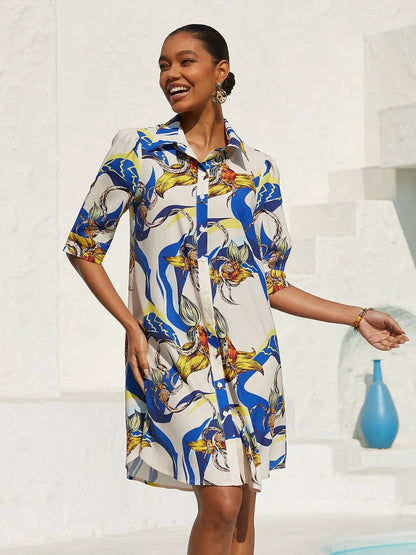 Ocean Blue Orchid Silky Satin Floral Shirt Dress