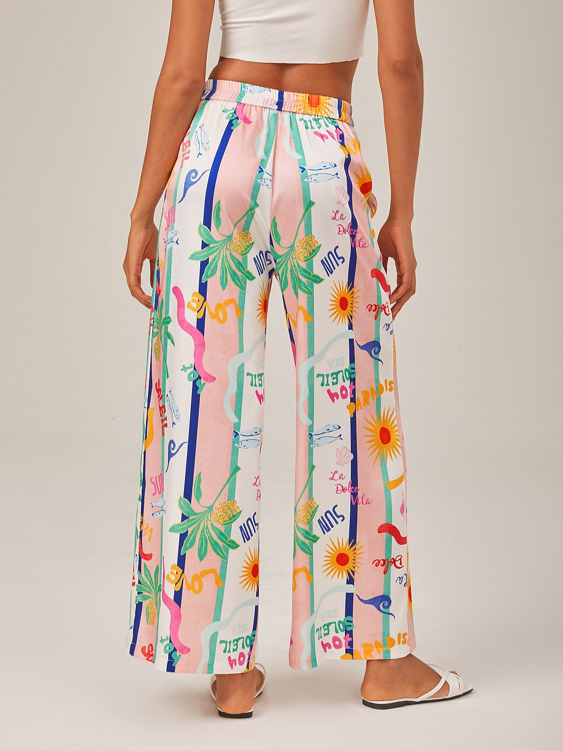 Tropical Print Wide-Leg Pants