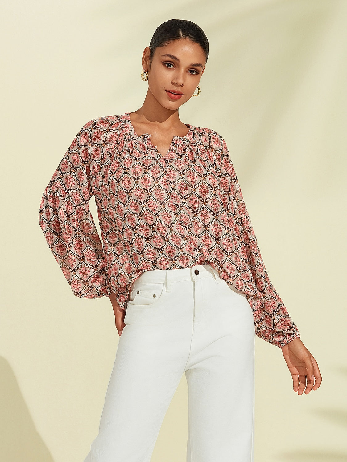 Casual Chiffon Geometric Puff Sleeve Blouse
