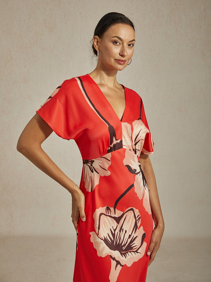 Red Floral Print Silky Satin Maxi Dress