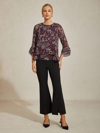 Wine Floral Print Layered Chiffon Blouse