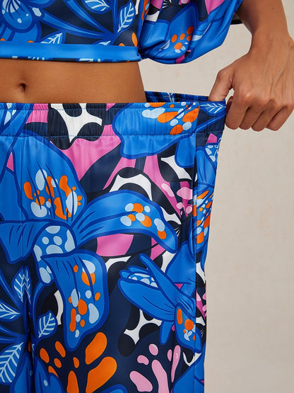 Abstract Azure Silky Satin Wide Leg Pants