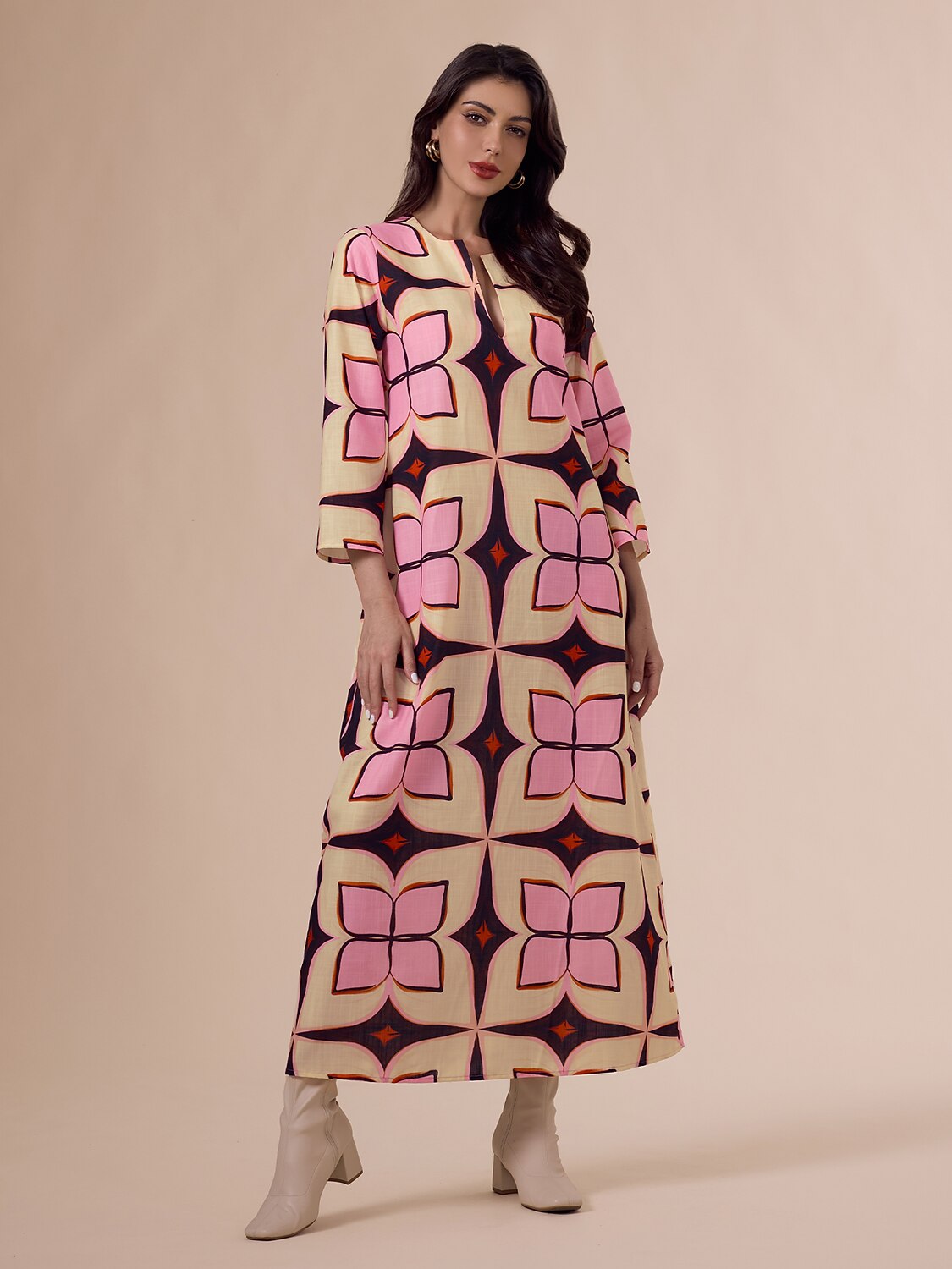 Geometric Print Notched Collar Maxi Dress