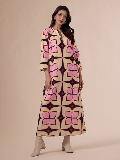 Geometric Print Notched Collar Maxi Dress