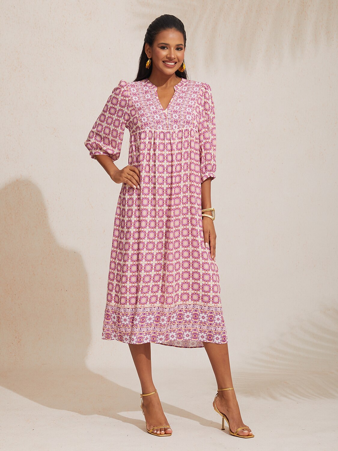 Chiffon Ethnic Floral Print Half Sleeve V-Neck Midi Dress