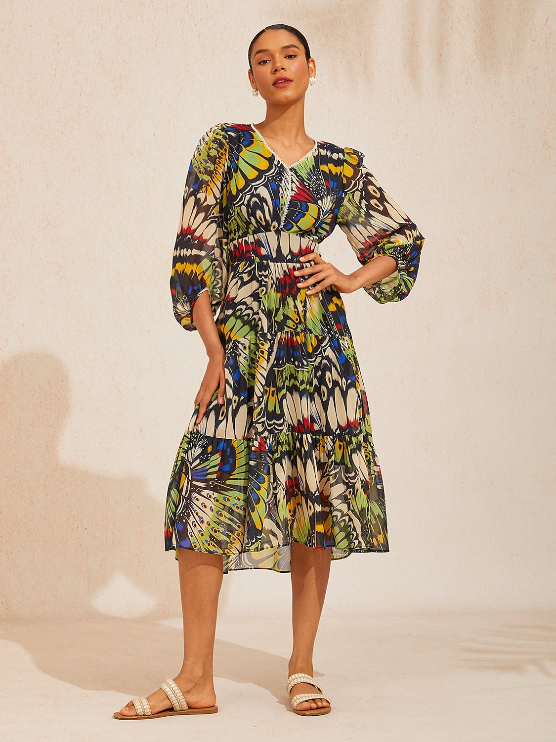 Verdant Baroque Bloom Flowy Chiffon Midi Dress