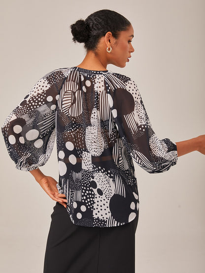 Abstract Print Puff Sleeve V-Neck Chiffon Blouse