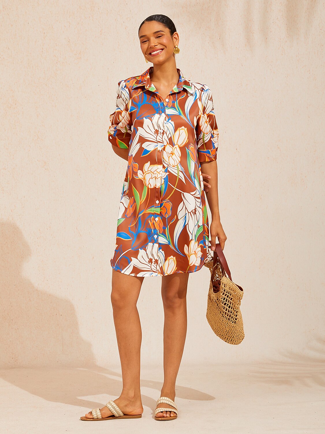 Desert Orchid Silky Satin Shirt Dress