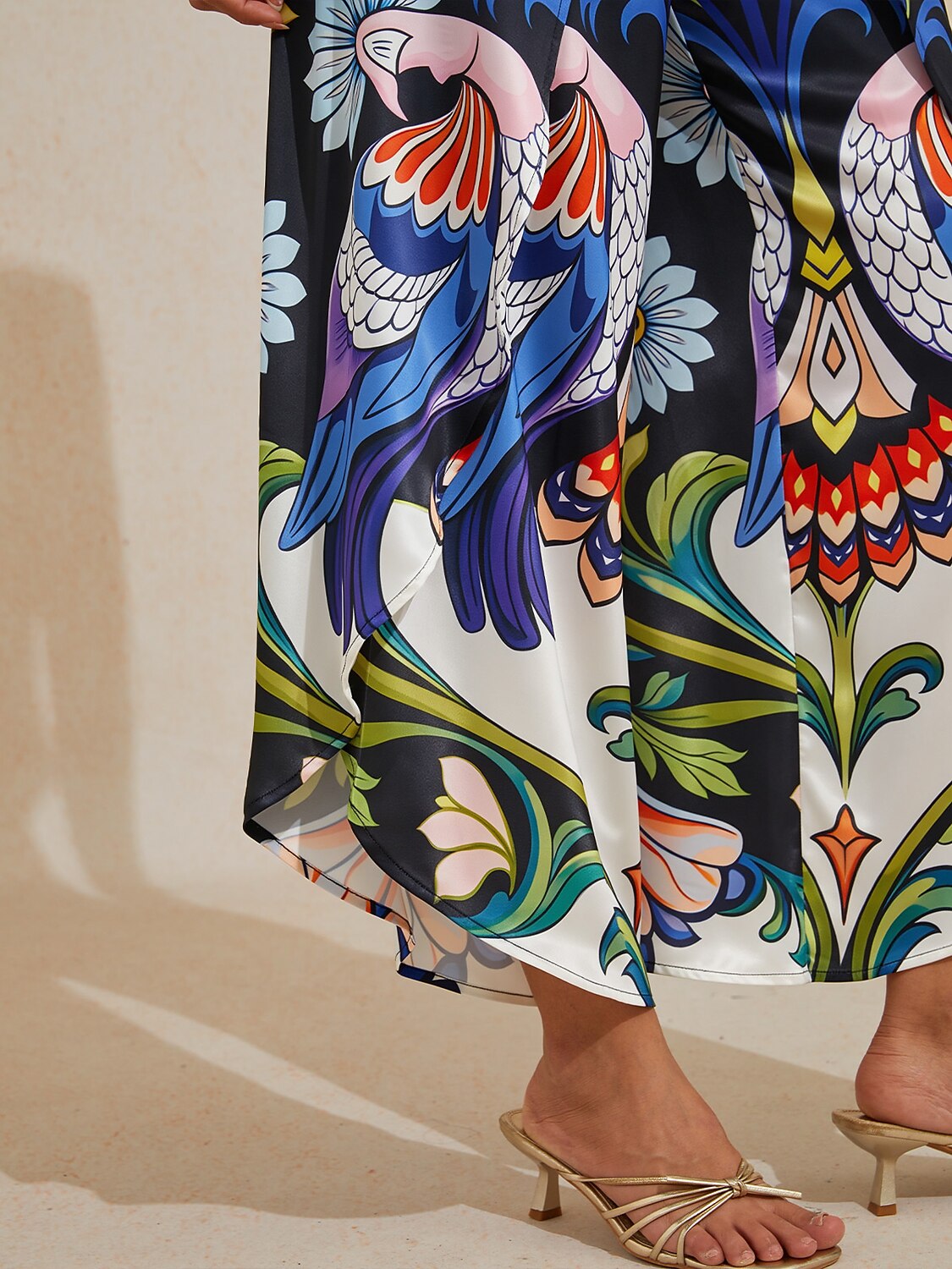 Bird Flower Satin Slit Wide Leg Pants
