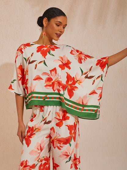 Emerald Rose Garden Silky Satin Sleeve Batwing Top