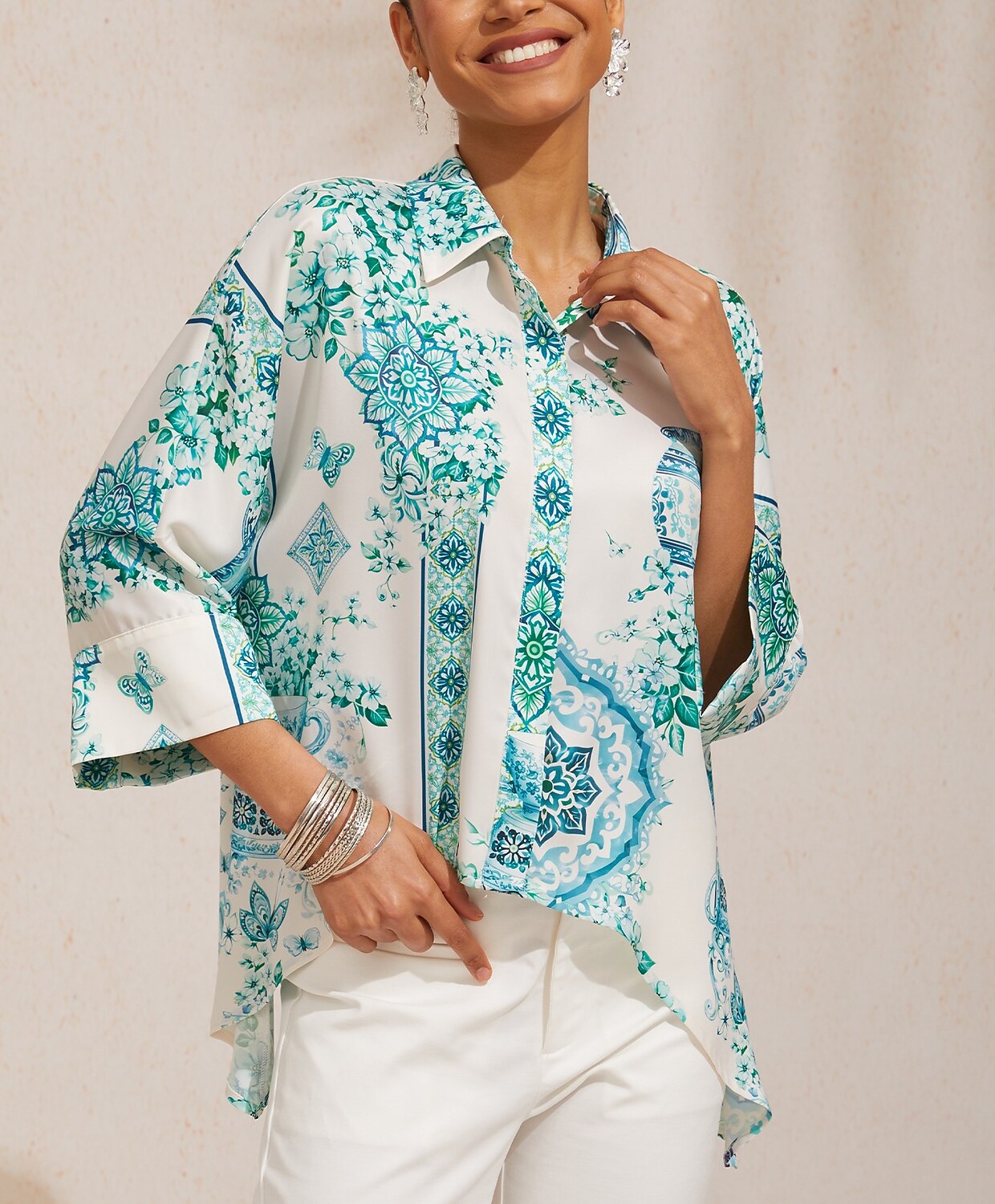 Pastel Floral Garden Satin Dolman Sleeve Button Down Shirt