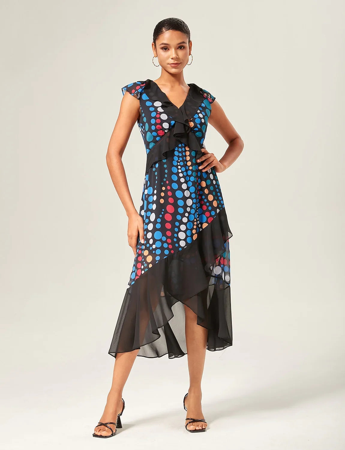 Colorblock Polka Dot Print Chiffon Ruffle Maxi Dress