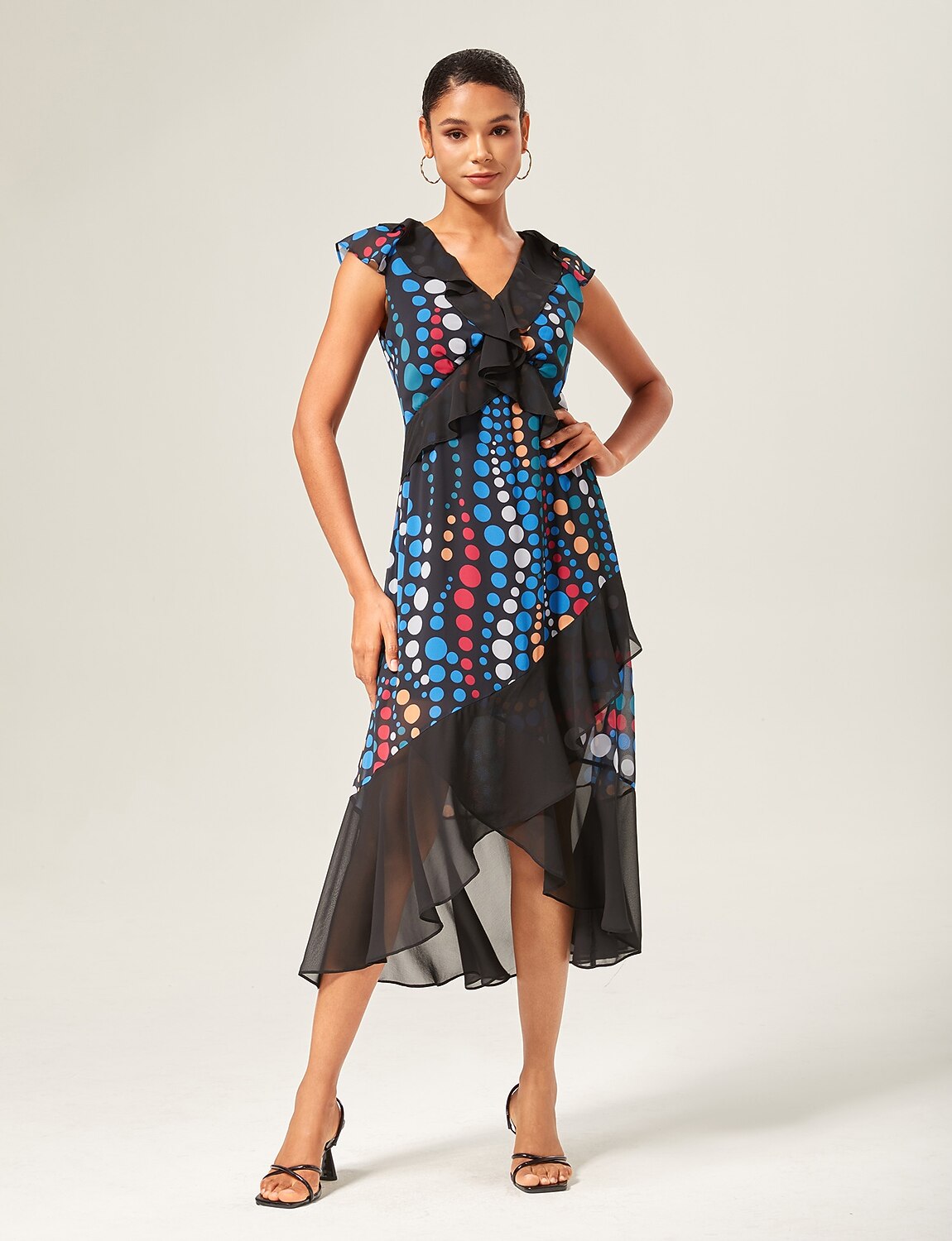 Colorblock Polka Dot Print Chiffon Ruffle Maxi Dress