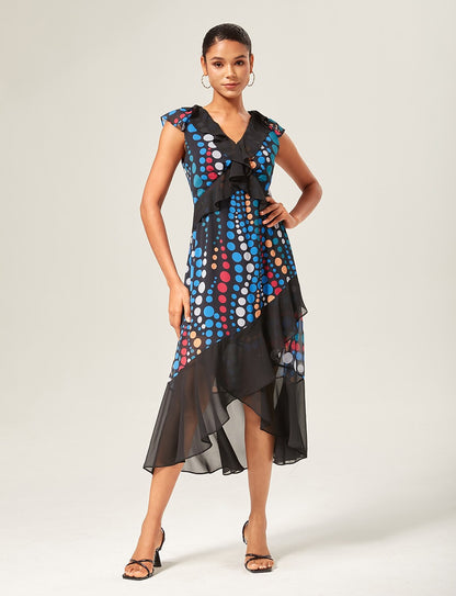 Colorblock Polka Dot Print Chiffon Ruffle Maxi Dress