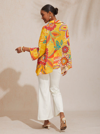 Spring Blooms Flowy Chiffon Asymmetrical Dolman Sleeve Blouse