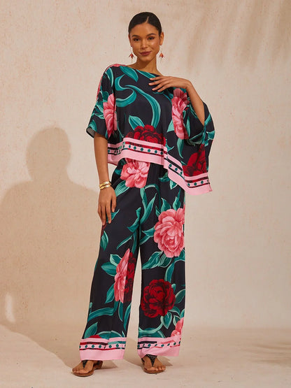 Summer Night Palm Silky Satin Dolman Sleeve Top