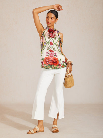 Hawaii Palm Silky Satin Floral Sleeveless Top
