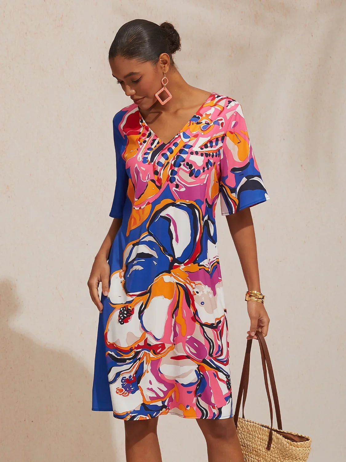 Vacation Artistic Floral Fitted Waist Satin Mini Dress