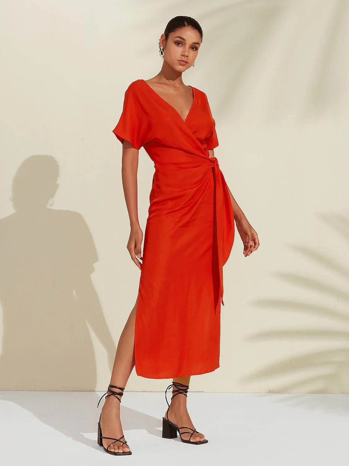 Tencel Linen Shirred Wrap Midi Dress