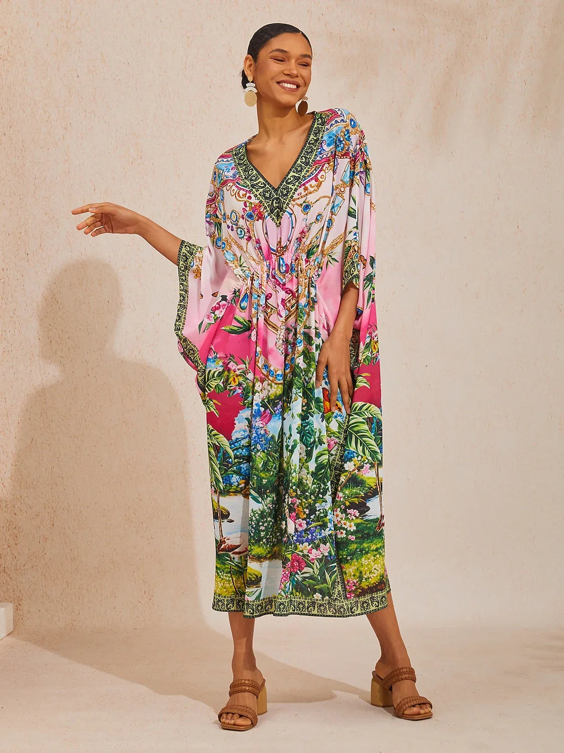 Pink Jungle Party Flowy Chiffon Diamond Kaftan