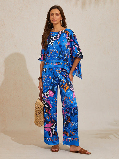 Abstract Azure Silky Satin Wide Leg Pants