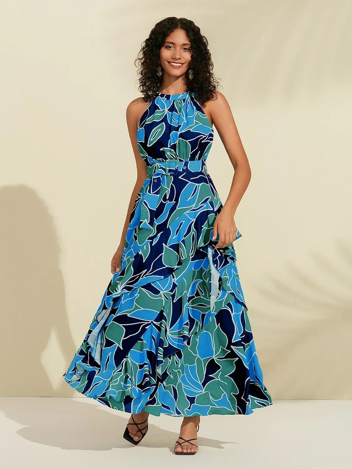 Chiffon Floral Print Halter Neck Ruffle Maxi Dress