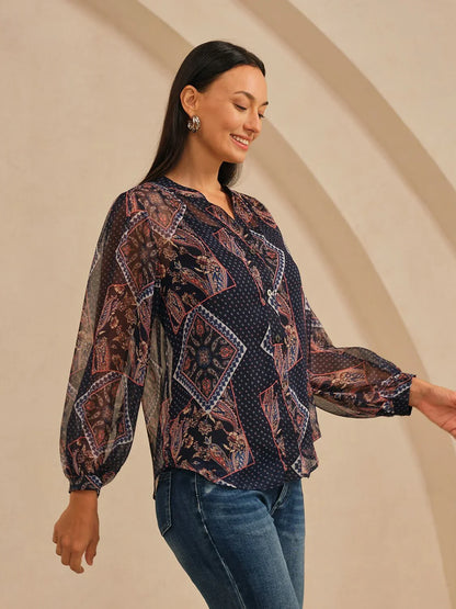 Geometric Combination Paisley Print Sheer Chiffon Blouse