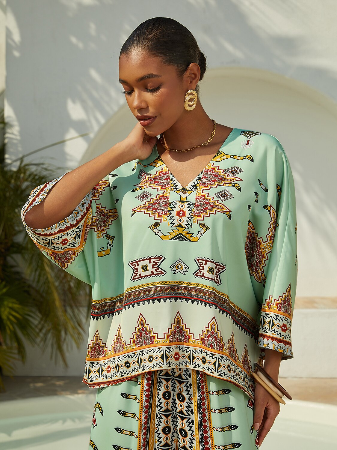 Emerald Empress Silky Satin V-Neck Batwing Top