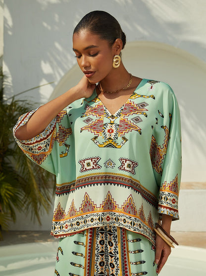 Emerald Empress Silky Satin V-Neck Batwing Top