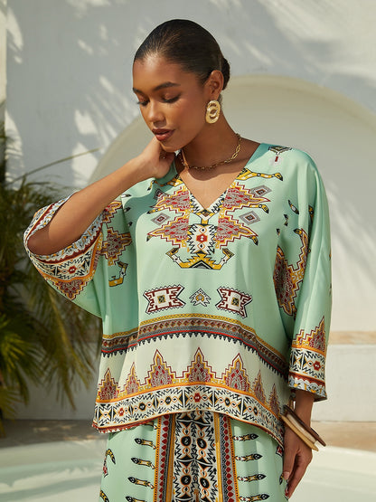 Ethnic Totem Silky Satin Sleeve Batwing Top