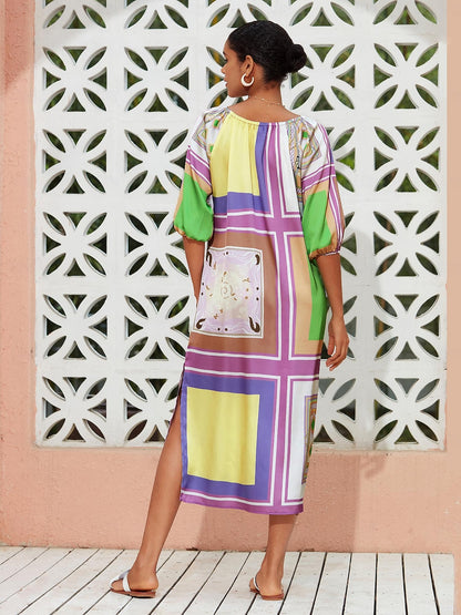 Vestido Maxi Fruncido de Satén con Bloques de Color Geométricos para Vacaciones