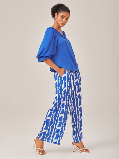 Ruched Waist Blue Printed Straight-Leg Pants