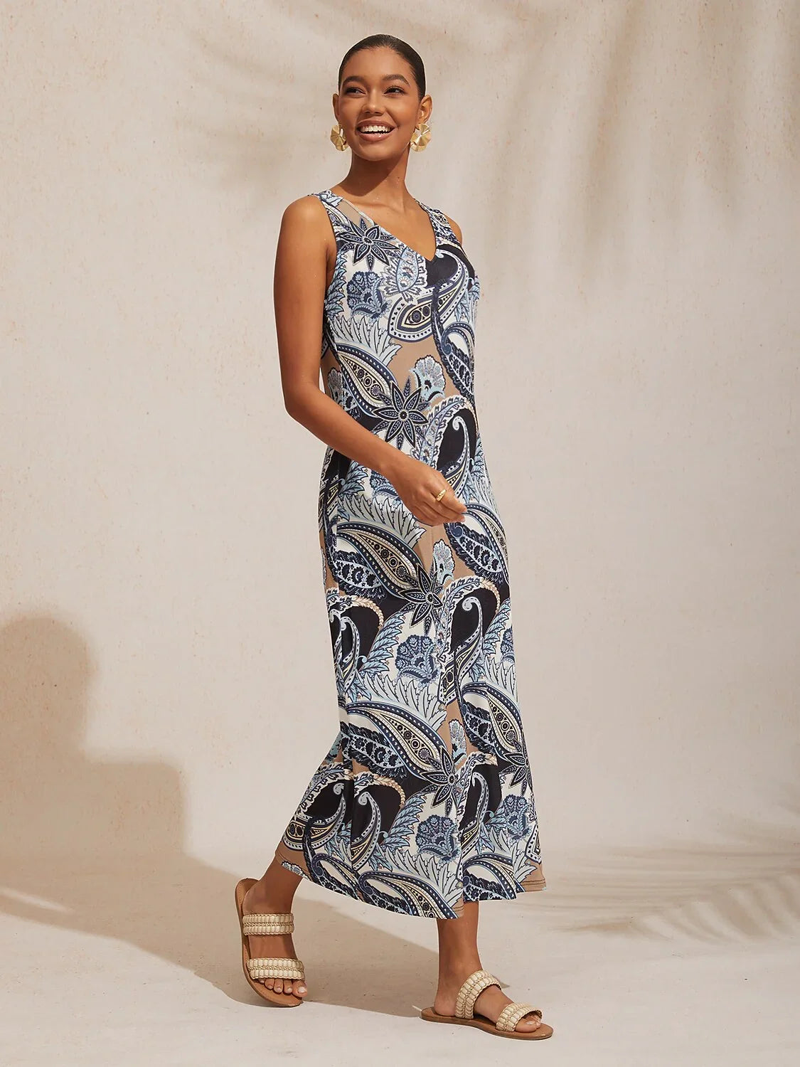 Abstract Paisley Fitted High Stretch Knit Maxi Dress