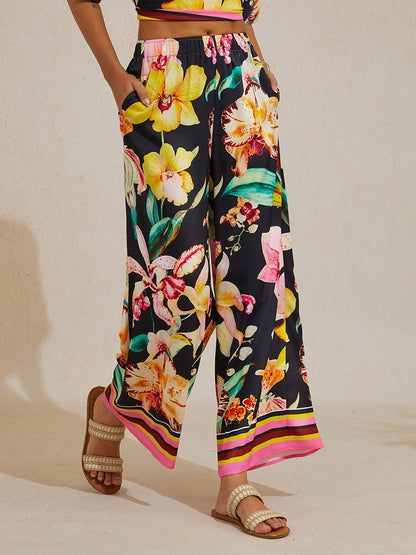 Midnight Floral Carnival Silky Satin Wide Leg Pants