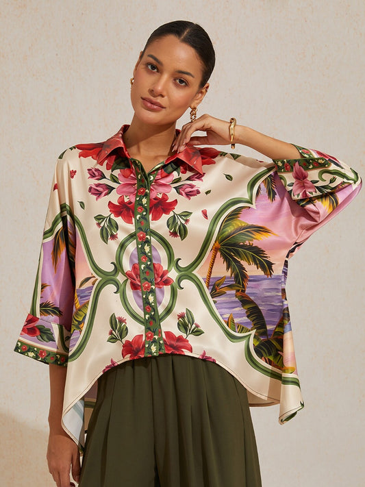 Hawaii Palm Satin Dolman Sleeve Top
