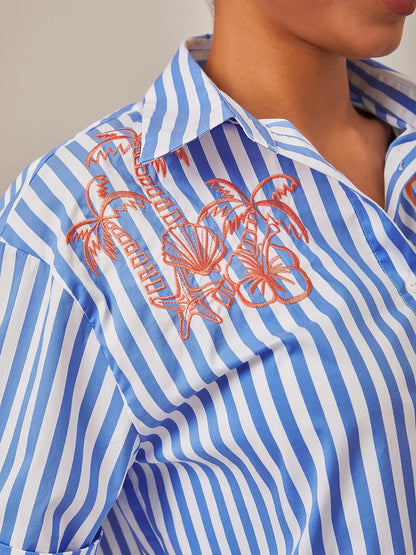 Camisa Oversize de Verano con Bordado y Rayas