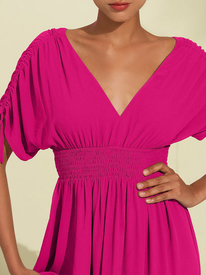 Rose Red Short Sleeve Vacation Chiffon Dress