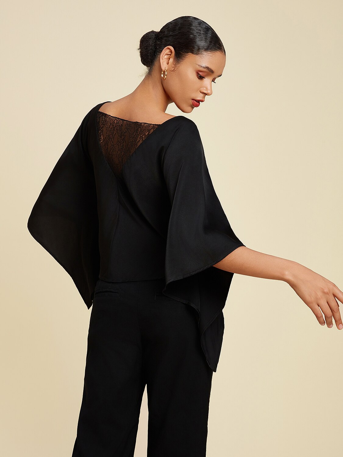 Solid Color Batwing Sleeve Lace Patchwork Satin Blouse