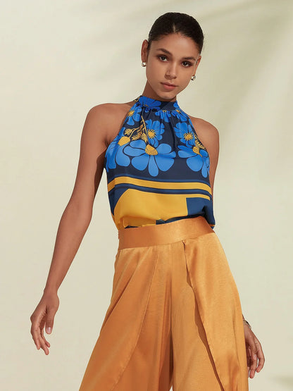 Geometic Flower Plants Ruched Tie Back Satin Blouse