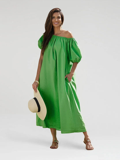 Cotton Resort Loose Fit Off-Shoulder Puff Maxi Dress