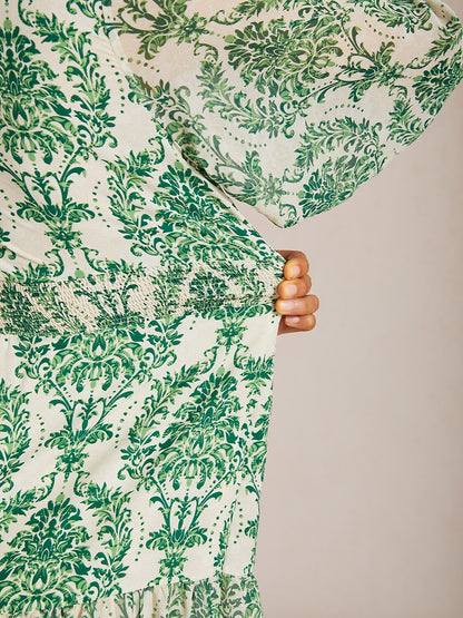 Verdant Baroque Bloom Flowy Chiffon Maxi Dress