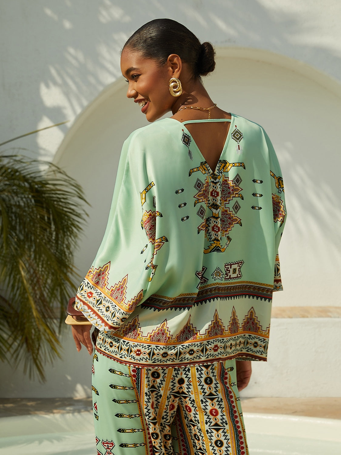 Ethnic Totem Silky Satin Sleeve Batwing Top