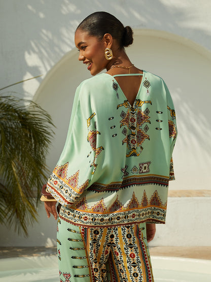 Ethnic Totem Silky Satin Sleeve Batwing Top