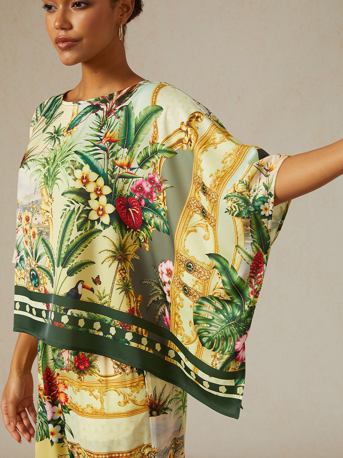Verdant Garden Muse Silky Satin Dolman Sleeve Top
