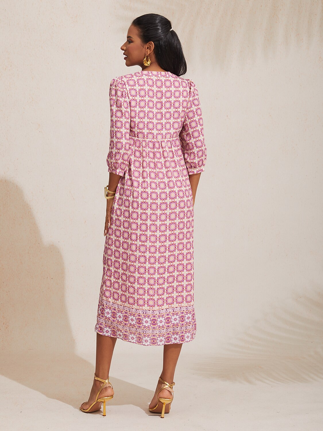 Chiffon Ethnic Floral Print Half Sleeve V-Neck Midi Dress