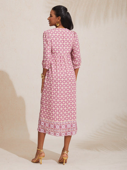 Chiffon Ethnic Floral Print Half Sleeve V-Neck Midi Dress