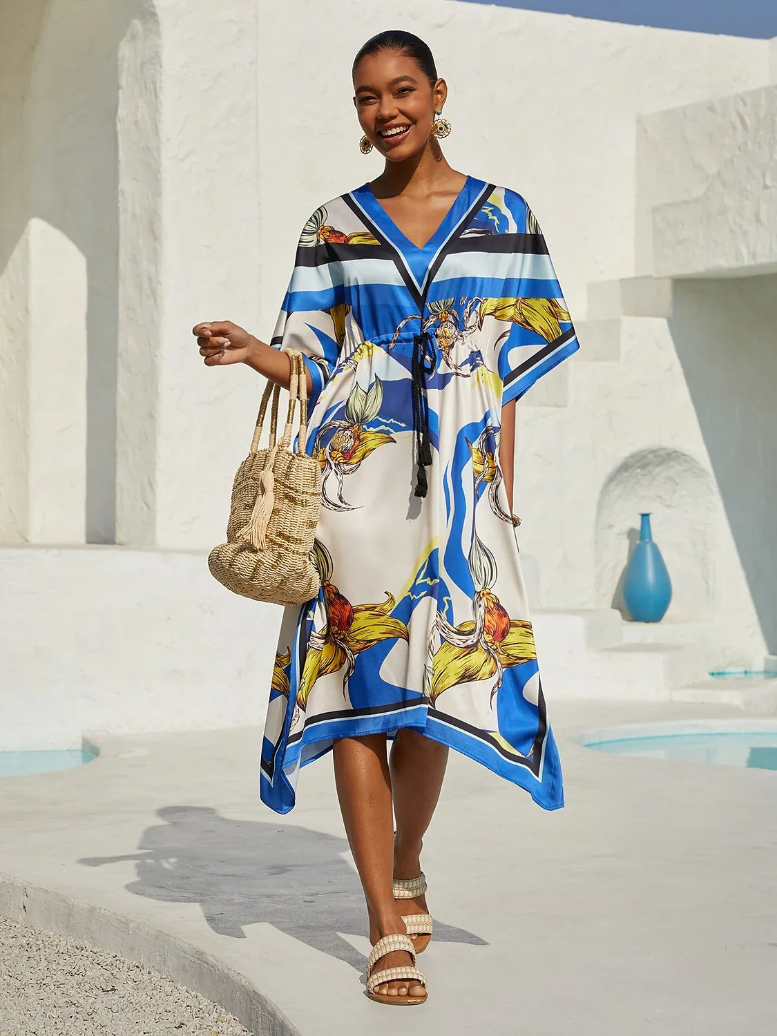 Ocean Blue Orchid Silky Satin Kaftan