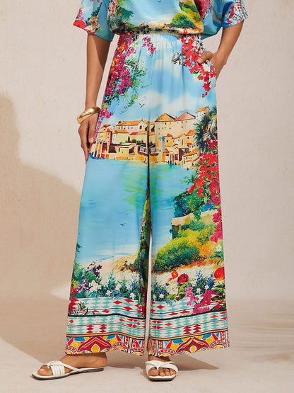 Boho Paisley Silky Satin Wide Leg Pants