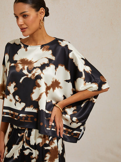 Sepia Noir Bloom Silky Satin Dolman Sleeve Top
