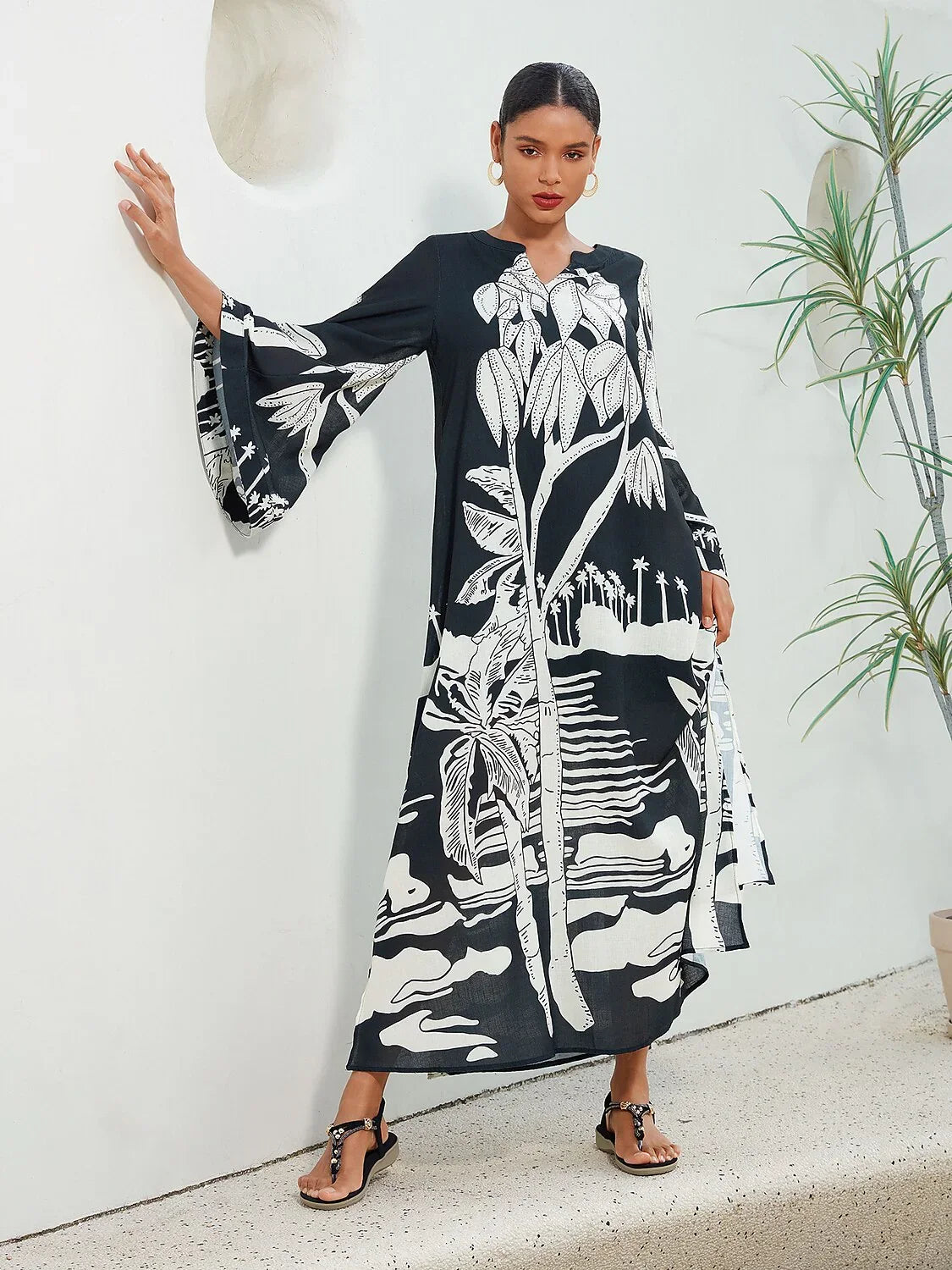 Linen Like Vacation Botanical Print V-Neck Maxi Dress